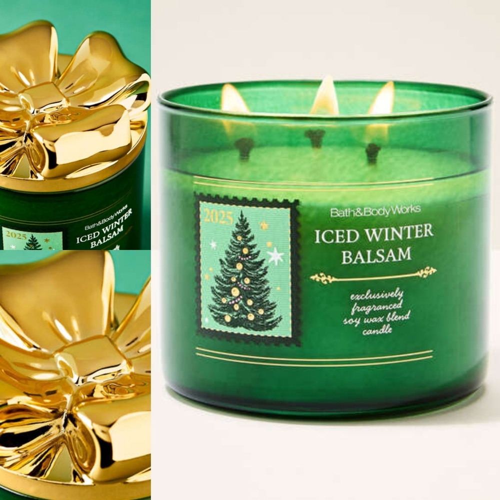 Bath & Body Works Iced Winter Balsam 3-Wick Candle with Fancy Gold Bow Lid NEW